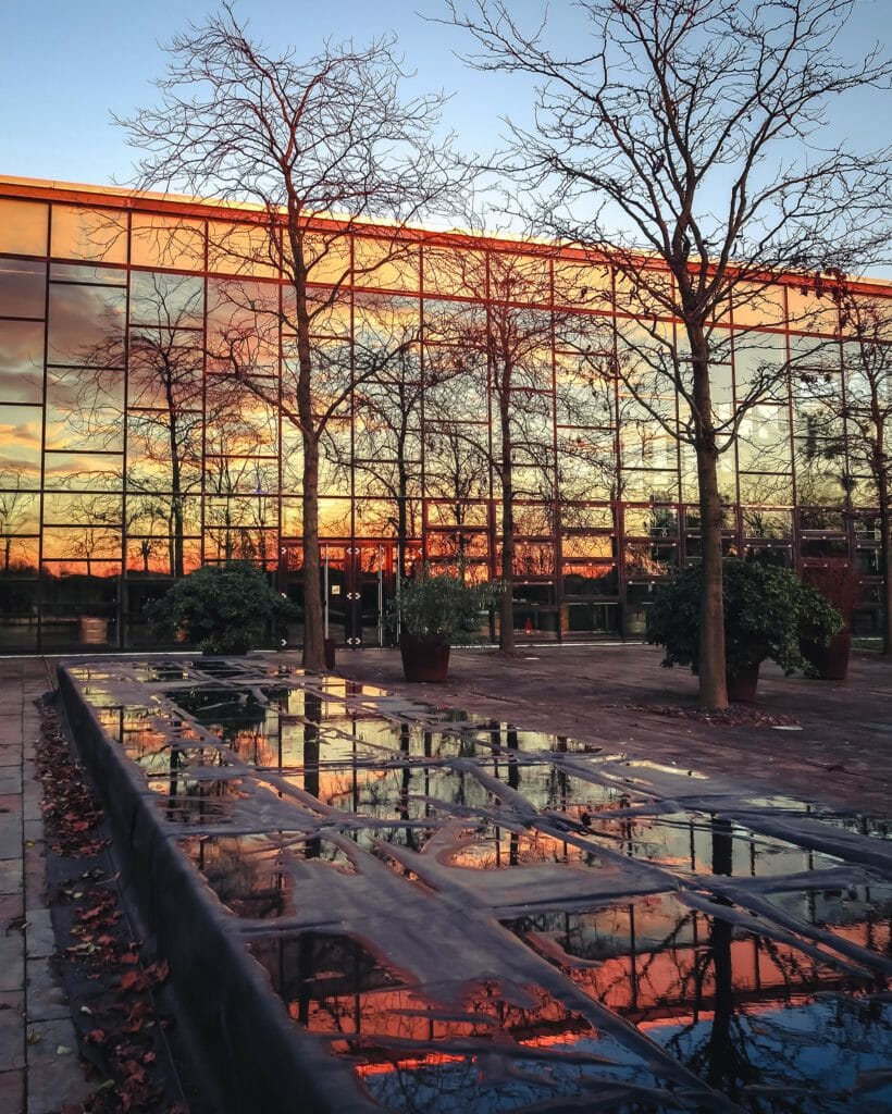 Sonnenuntergang bei der Biosphäre in Potsdam. Das rote Licht der Sonne spiegelt sich in den Glasfronten und auf dem Brunnen.